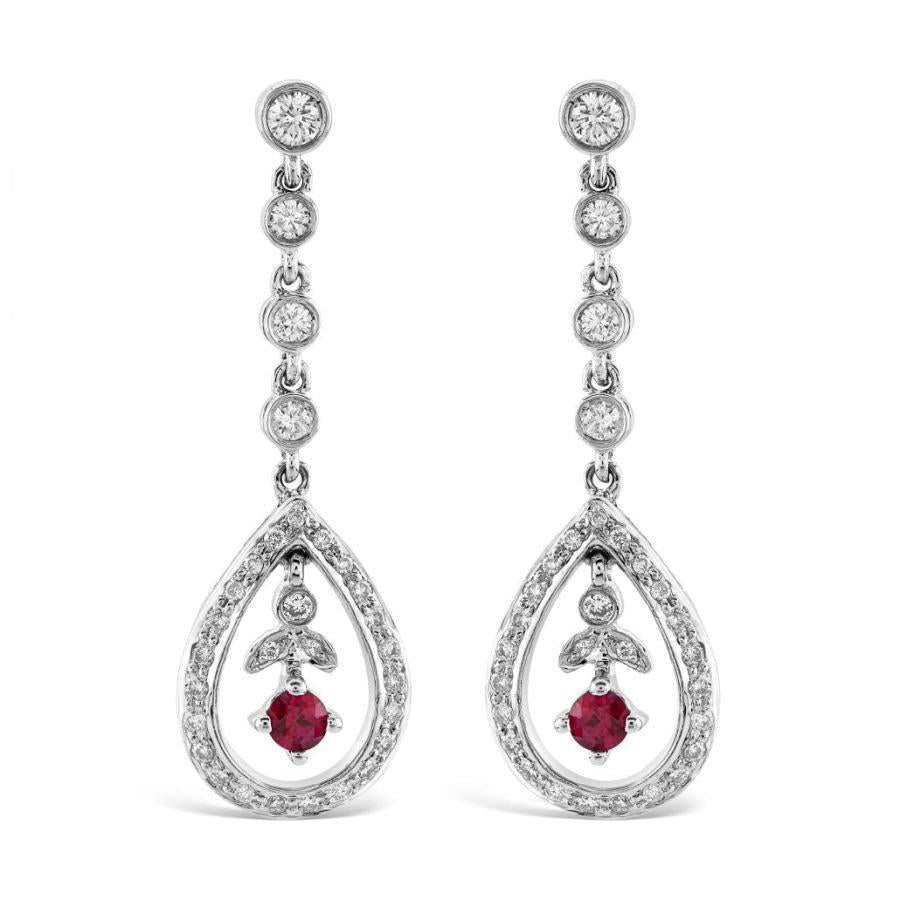 Dipples-18ct White Gold Ruby & Diamond Open Teardrop Shaped Drop Earrings-Dipples Jewellers
