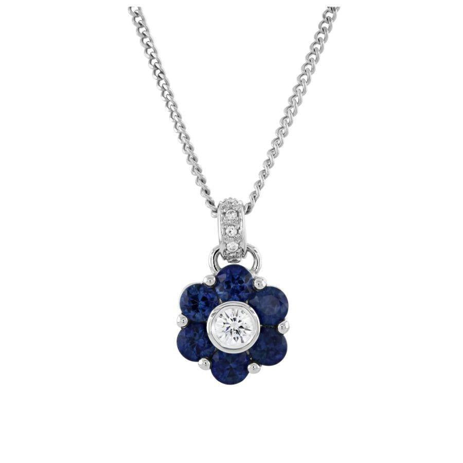 Dipples-18ct White Gold Sapphire & Diamond Round Cluster Pendant & Chain-Dipples Jewellers