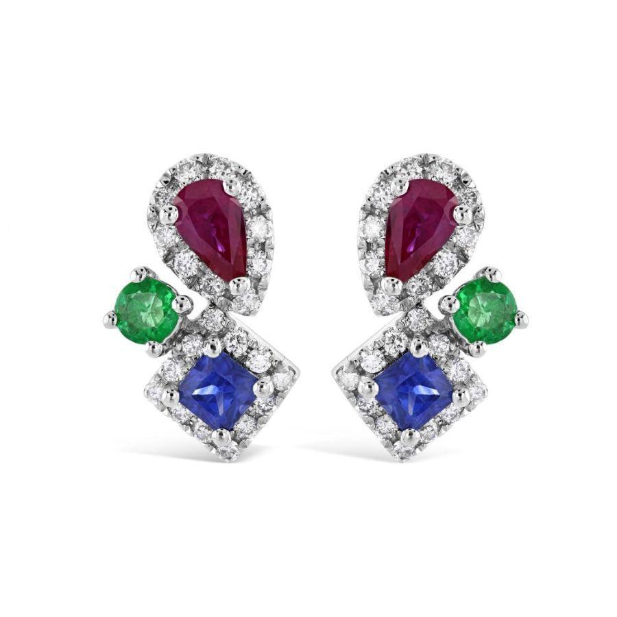Dipples-18ct White Gold Sapphire, Ruby, Emerald & Diamond Stud Earrings-Dipples Jewellers