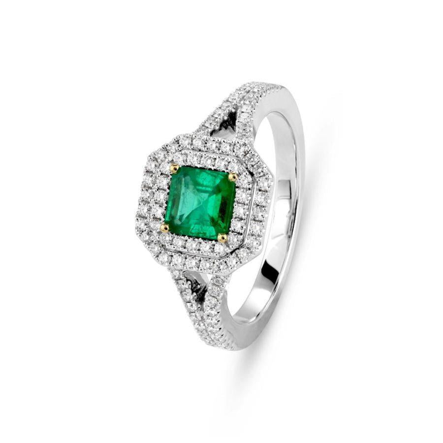 Dipples-18ct White Gold Square Cut Emerald & Diamond Double Halo Cluster Ring with Split Shoulders-Dipples Jewellers