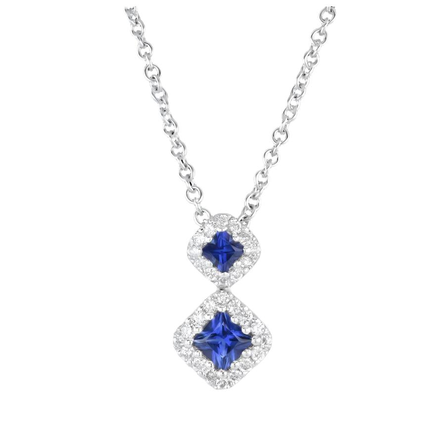 Dipples-18ct White Gold Square Cut Sapphire & Diamond Halo Double Drop Pendant-Dipples Jewellers