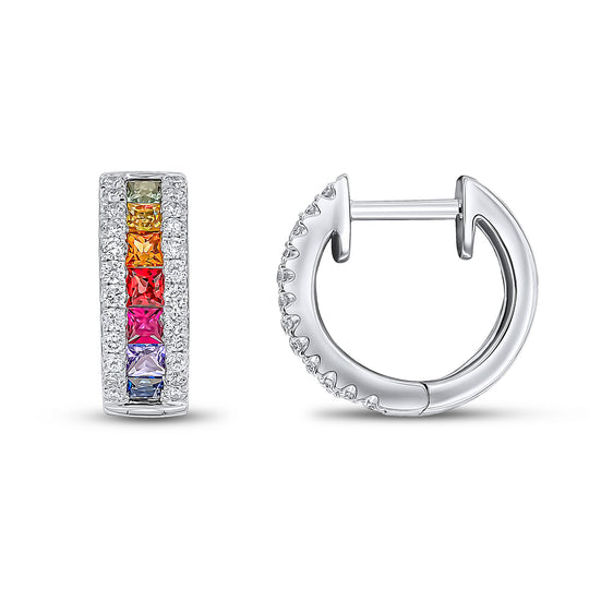 Dipples-18ct White Gold Square Multi Sapphire & Diamond Huggy Hoop Earrings-Dipples Jewellers