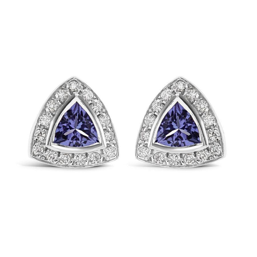 Dipples-18ct White Gold Triangular Cut Tanzanite & Diamond Halo Cluster Stud Earrings-Dipples Jewellers