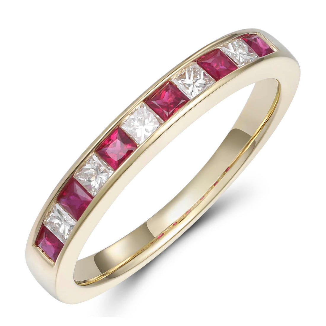 Dipples-18ct Yellow Gold Channel Set Princess Cut Ruby and Diamond 11-Stone Ring-Dipples Jewellers