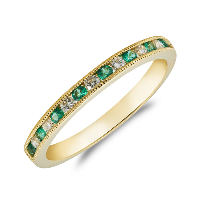 Dipples-18ct yellow gold emerald and diamond millgrain edged ring-Dipples Jewellers