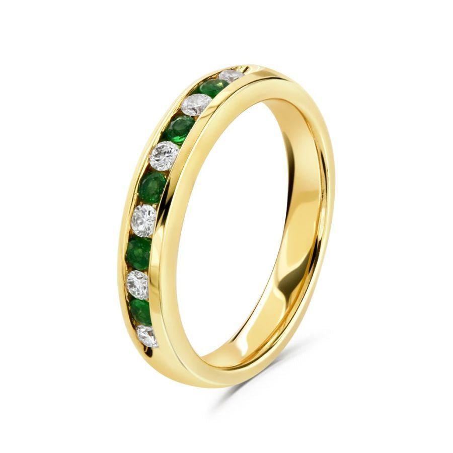 Dipples-18ct Yellow Gold Emerald & Diamond Channel Set Half Eternity Ring-Dipples Jewellers