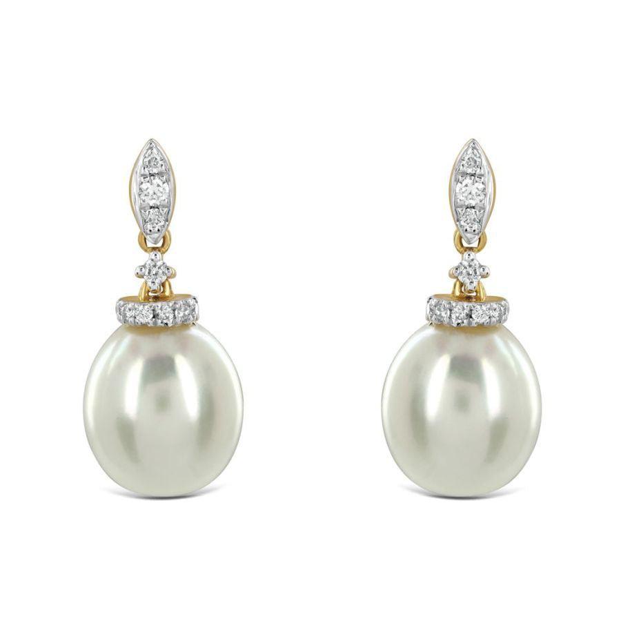 Dipples-18ct Yellow Gold Freshwater Pearl & Diamond Drop Earrings-Dipples Jewellers
