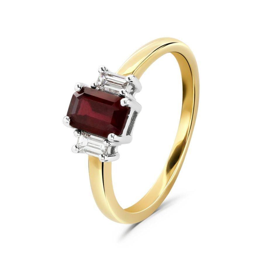 Dipples-18ct Yellow Gold Octagonal Cut Ruby & Baguette Cut Diamond Trilogy Ring-Dipples Jewellers