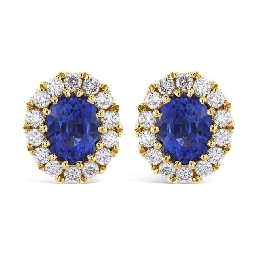 Dipples-18ct Yellow Gold Oval Cut Sapphire & Diamond Cluster Stud Earrings-Dipples Jewellers