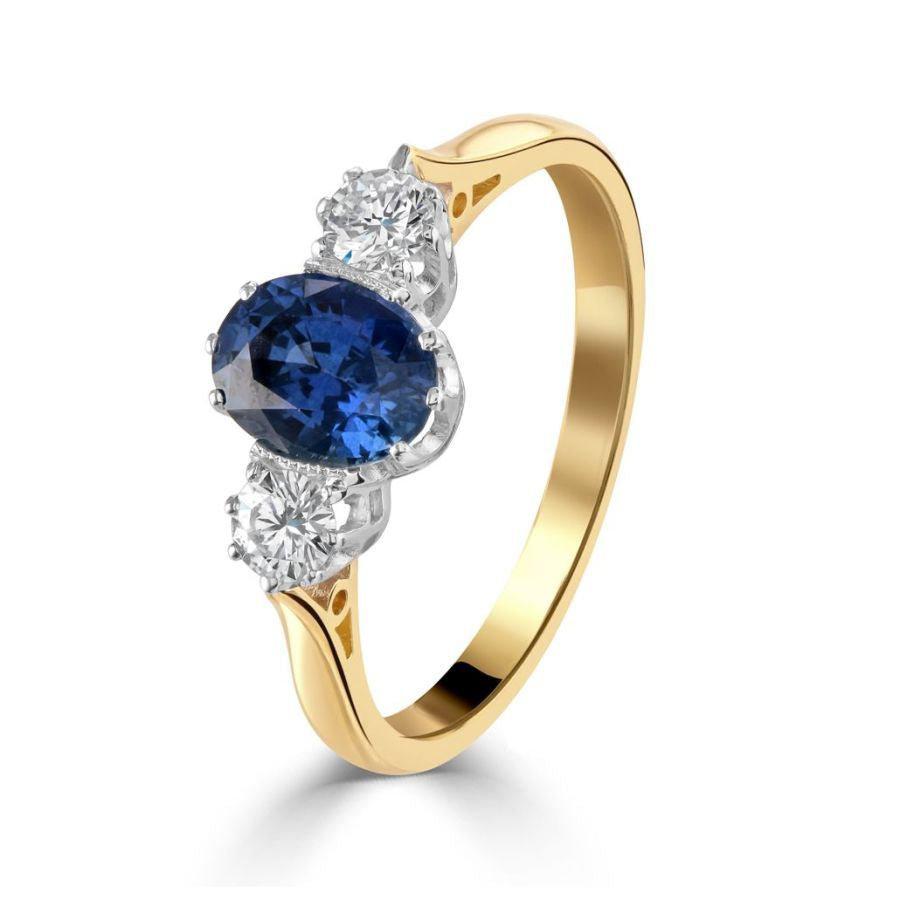 Dipples-18ct Yellow Gold Oval Cut Sapphire & Round Brilliant Cut Diamond Trilogy Ring-Dipples Jewellers