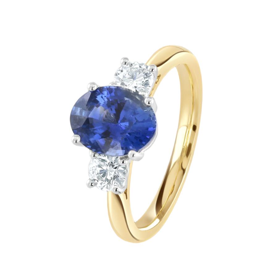 Dipples-18ct Yellow Gold Oval Cut Sapphire & Round Brilliant Cut Diamond Trilogy Ring-Dipples Jewellers