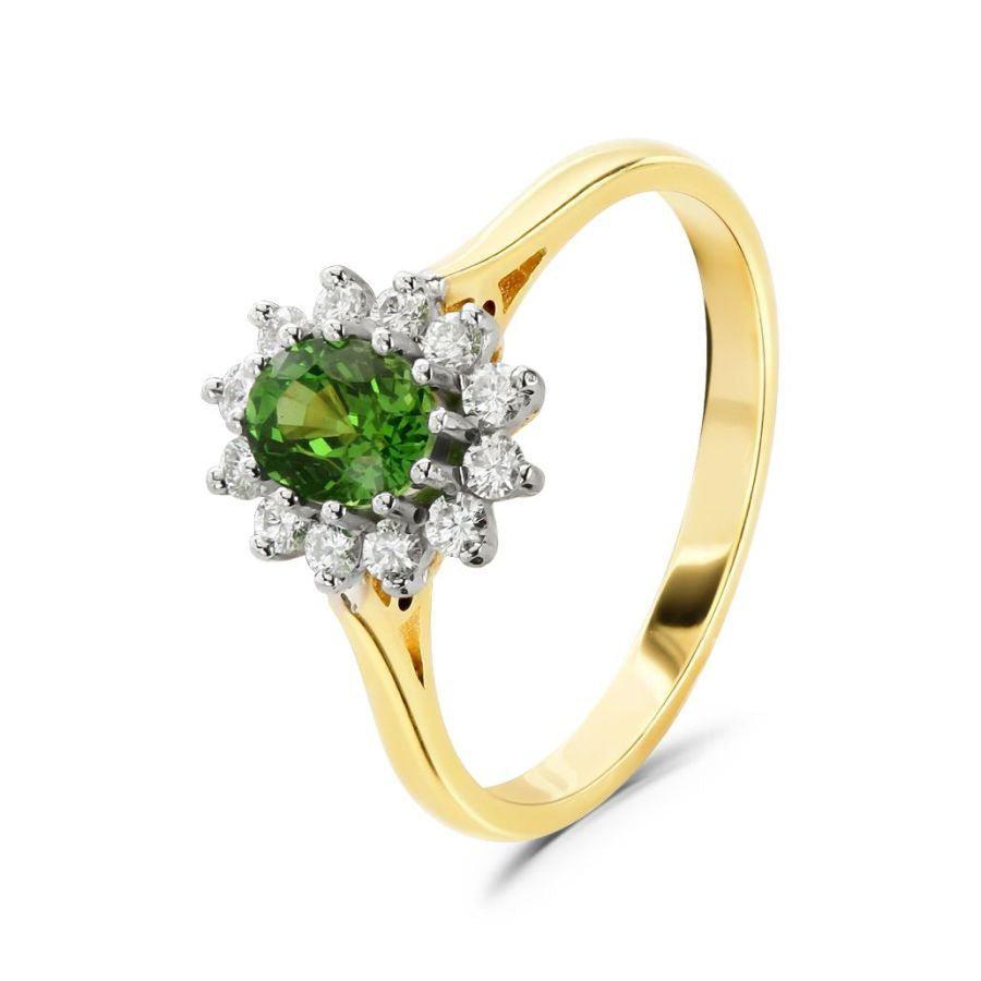 Dipples-18ct Yellow Gold Oval Cut Tsavorite & Round Brilliant Cut Diamond Cluster Ring-Dipples Jewellers