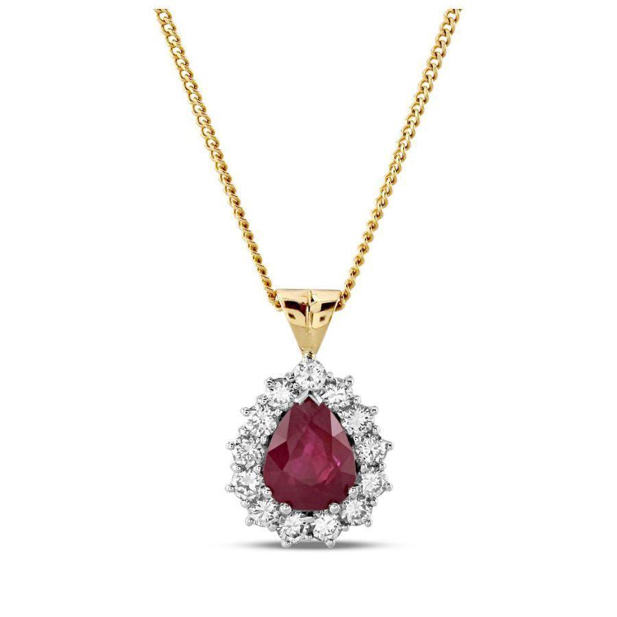 Dipples-18ct Yellow Gold Pear Cut Ruby & Diamond Cluster Pendant & Chain-Dipples Jewellers