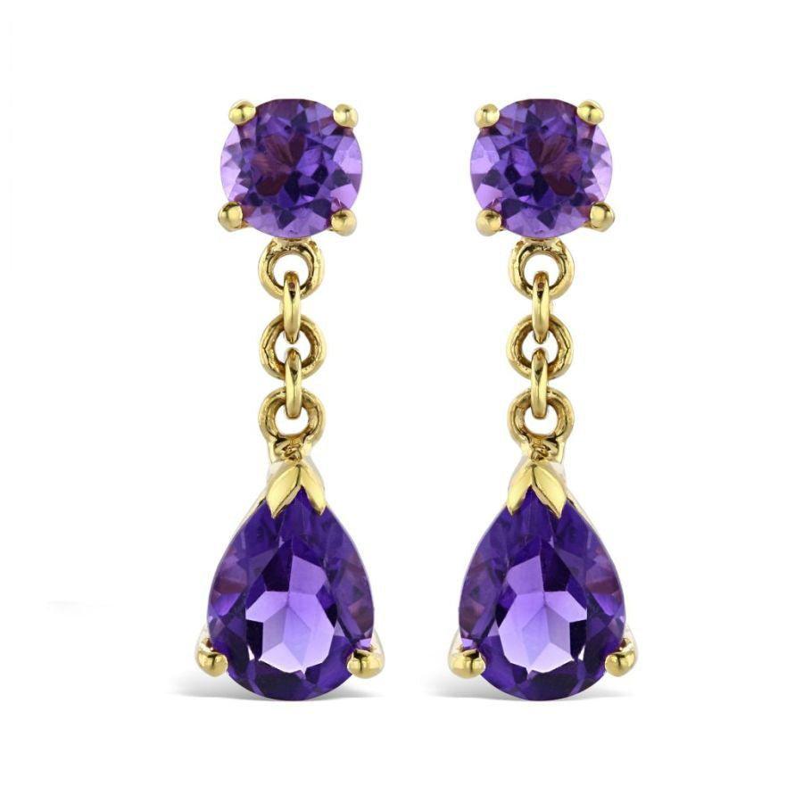Dipples-18ct Yellow Gold Pear & Round Cut Amethyst Drop Earrings-Dipples Jewellers