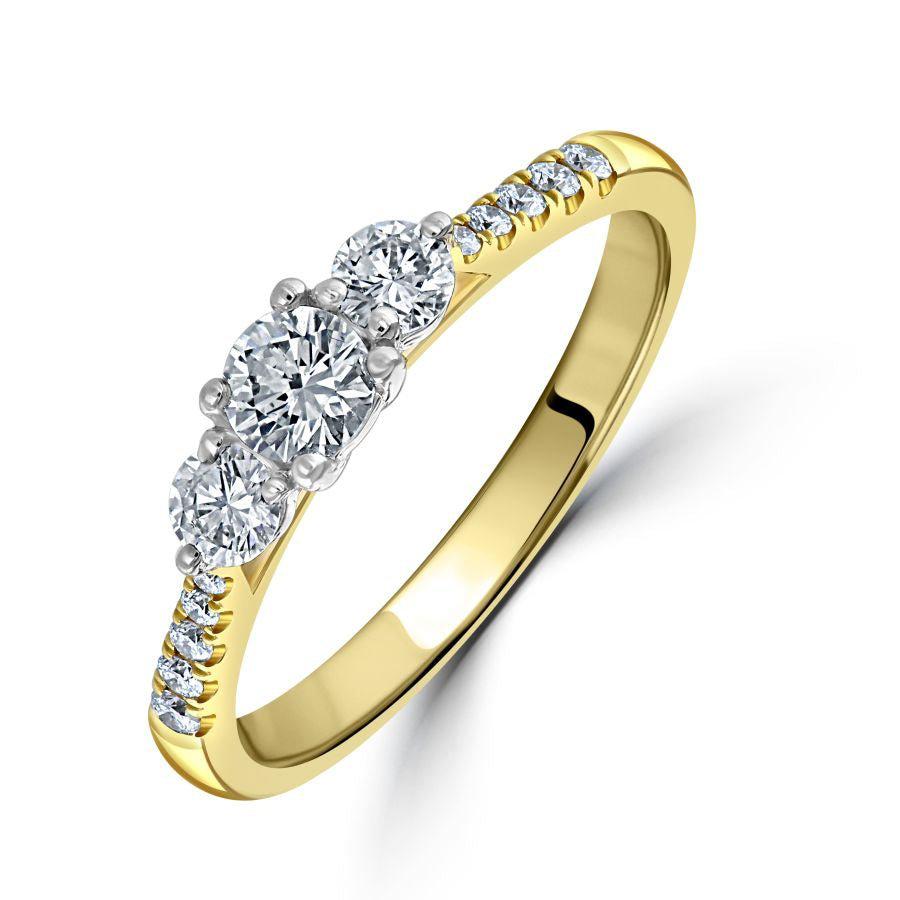 Dipples-18ct Yellow Gold Round Brilliant Cut Diamond Trilogy Ring with Diamond Shoulders-Dipples Jewellers