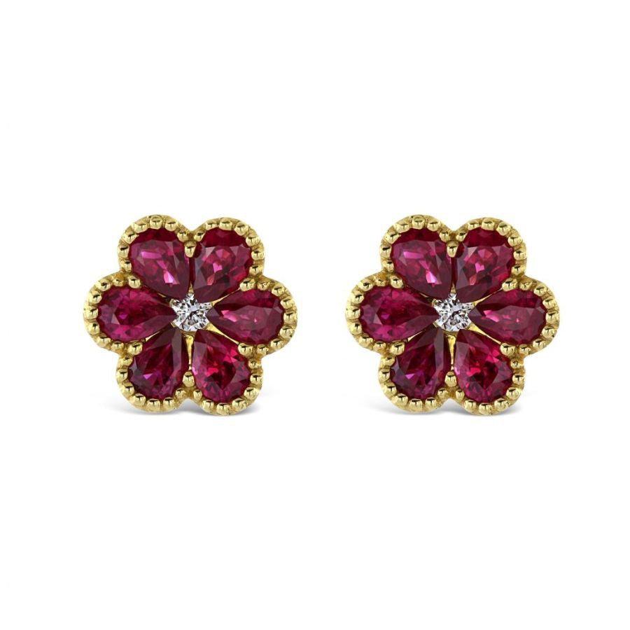 Dipples-18ct Yellow Gold Ruby & Diamond Flower Stud Earrings-Dipples Jewellers
