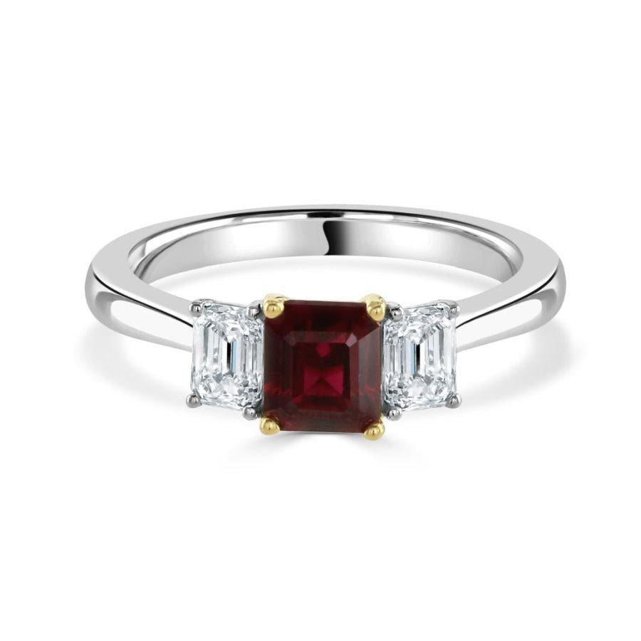 Dipples-18ct Yellow & White Gold Octagonal Cut Ruby & Diamond Trilogy Ring-Dipples Jewellers