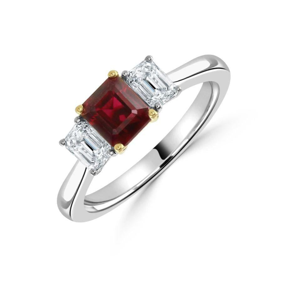 Dipples-18ct Yellow & White Gold Octagonal Cut Ruby & Diamond Trilogy Ring-Dipples Jewellers