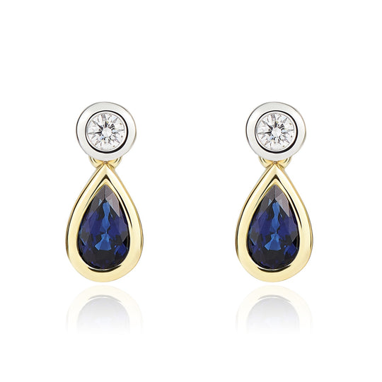 Dipples-18ct Yellow & White Gold Pear Shaped Sapphire & Round Diamond Two Stone Earrings 5x3mm-Dipples Jewellers