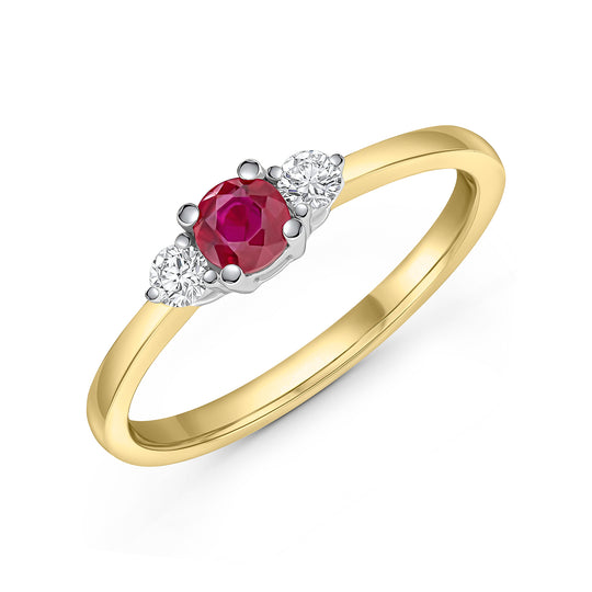 Dipples-18ct Yellow & White Gold Round Ruby & Diamond Claw Three Stone Ring-Dipples Jewellers