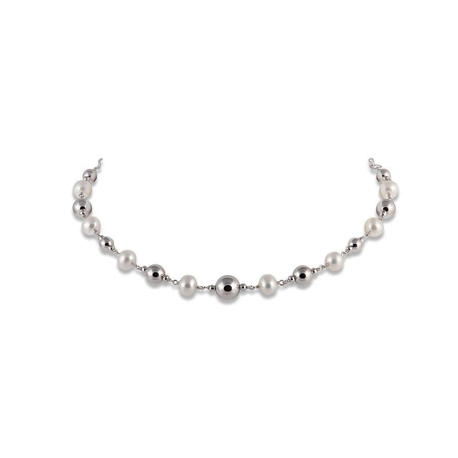 Dipples-7.5mm Cultured Freshwater Pearl & Silver Ball Necklace-Dipples Jewellers