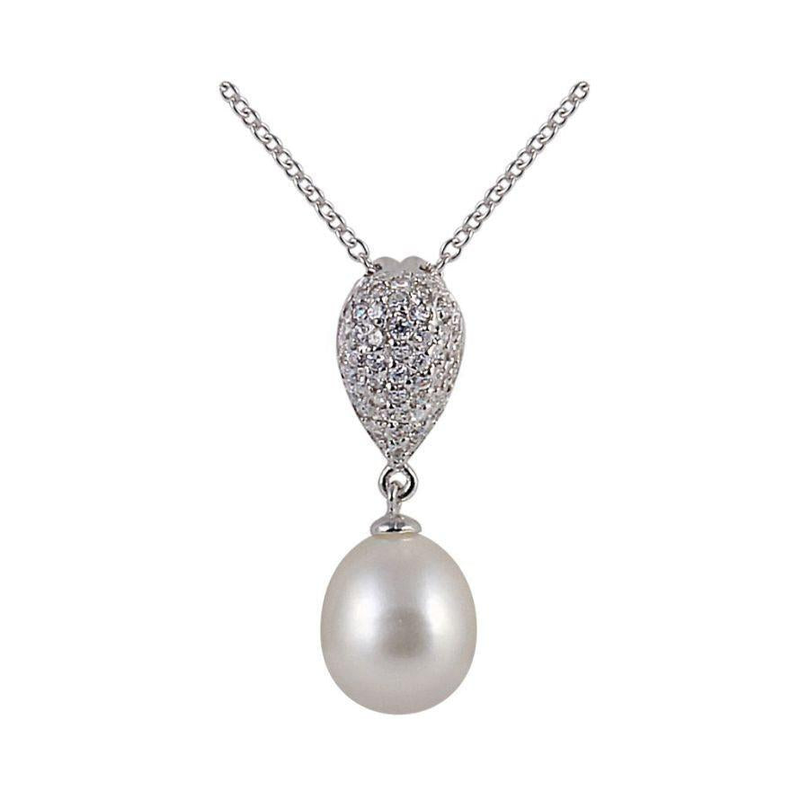 Dipples-9.0mm Cultured Freshwater Pearl & Cubic Zirconia Set Drop Pendant-Dipples Jewellers