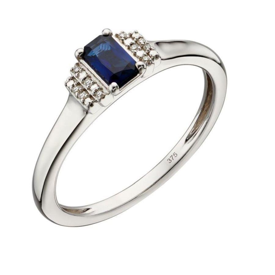 Dipples-9ct White Gold Emerald Cut Sapphire & Stepped Diamond Shoulders Ring-Dipples Jewellers