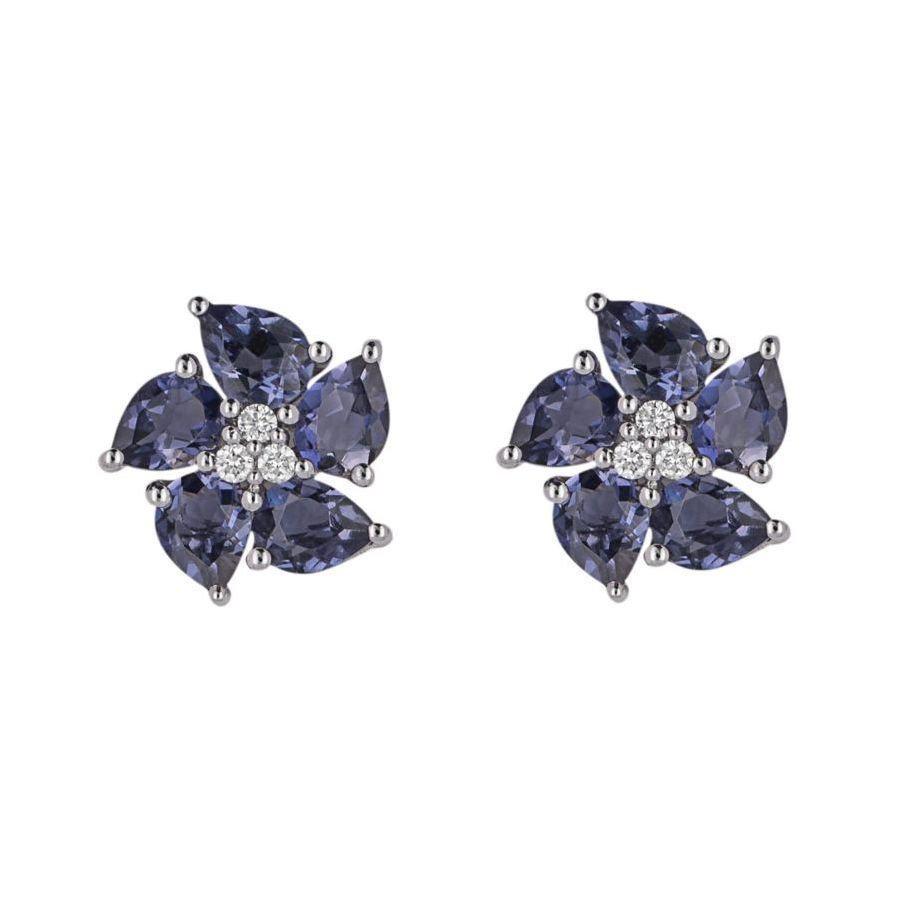 Dipples-9ct White Gold Iolite & Diamond Peony Stud Earrings-Dipples Jewellers
