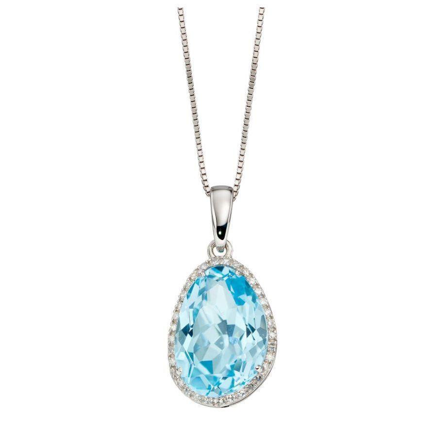 Dipples-9ct White Gold Irregular Cut Blue Topaz & Diamond Halo Cluster Pendant-Dipples Jewellers