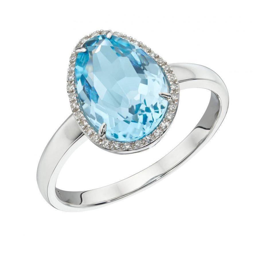 Dipples-9ct White Gold Irregular Cut Blue Topaz & Diamond Halo Cluster Ring-Dipples Jewellers