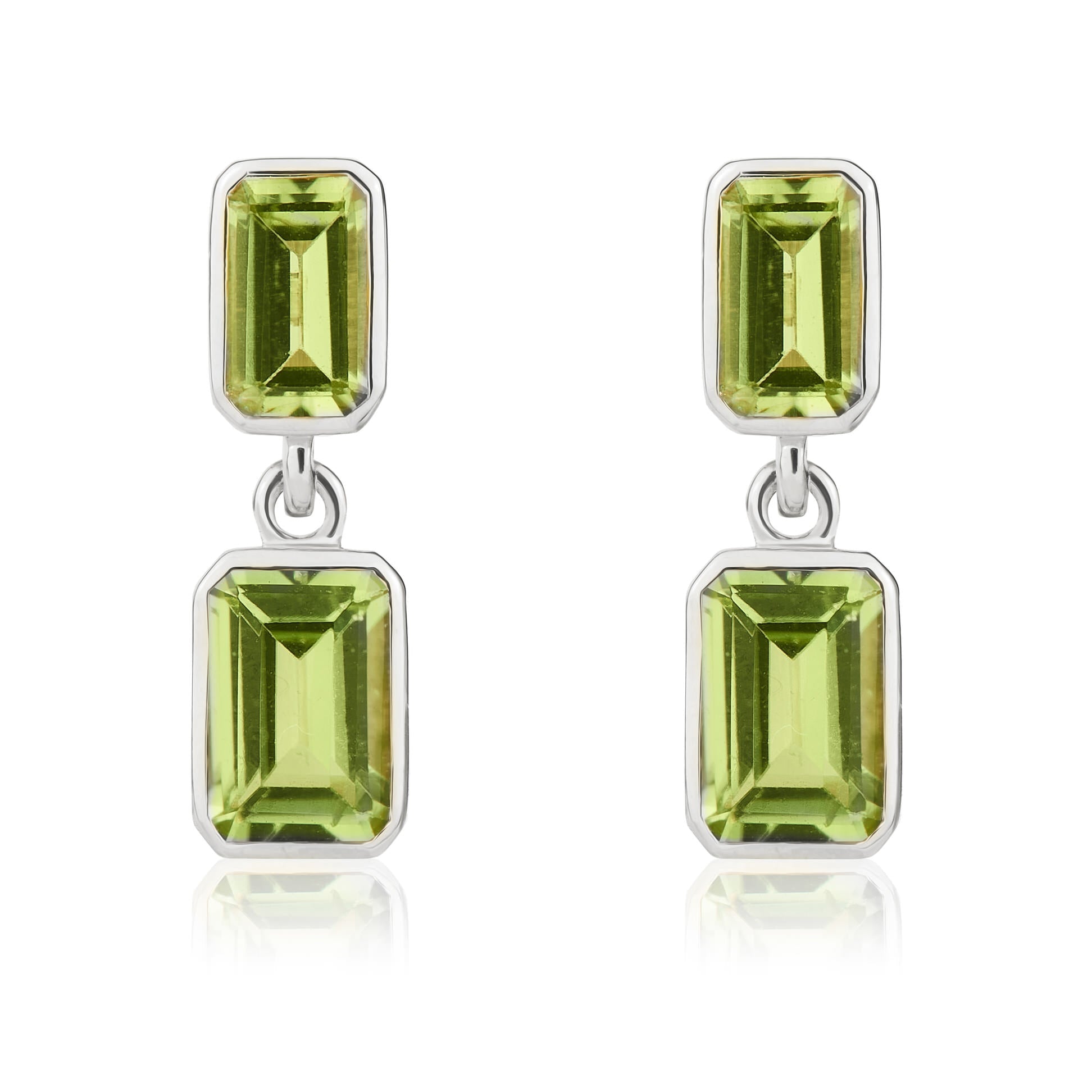 Dipples-9ct White Gold Octagonal Peridot Double Stone Rubover Drop Earrings-Dipples Jewellers