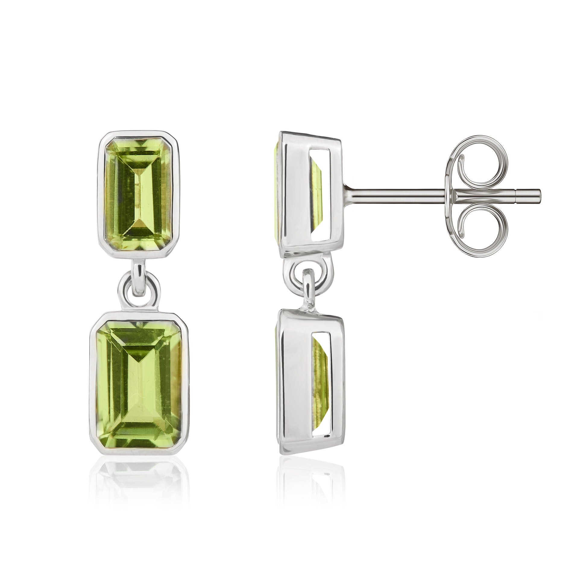 Dipples-9ct White Gold Octagonal Peridot Double Stone Rubover Drop Earrings-Dipples Jewellers