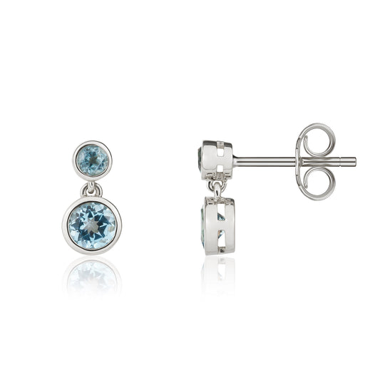 Dipples-9ct White Gold Round Swiss Blue Topaz Double Stone Rubover Drop Earrings-Dipples Jewellers