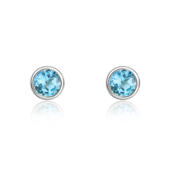 Dipples-9ct White Gold Round Swiss Blue Topaz Rubover Stud Earrings 3mm-Dipples Jewellers