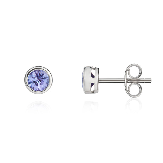 Dipples-9ct White Gold Round Tanzanite Rubover Stud Earrings 4mm-Dipples Jewellers