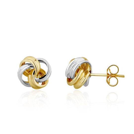 Dipples-9ct White & Yellow Gold Double Thread Ribbon Knot Stud Earrings 9mm-Dipples Jewellers