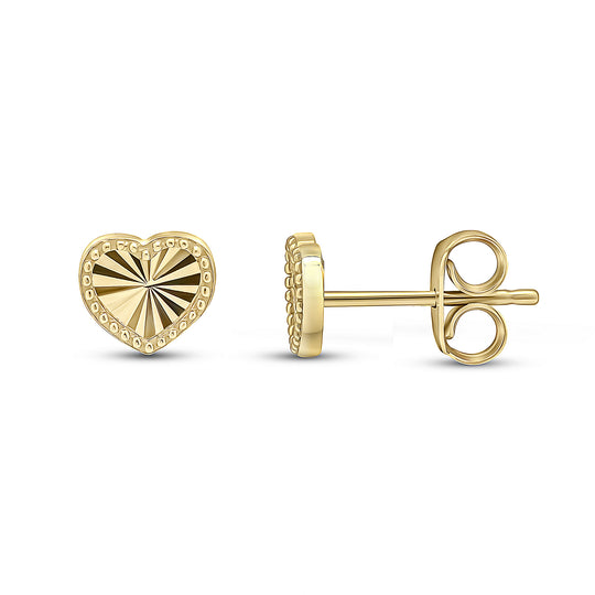Dipples-9ct Yellow Gold Diamond Cut Beaded Edge Heart Stud Earrings 6.5mm-Dipples Jewellers