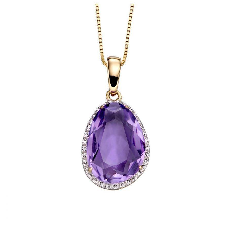 Dipples-9ct Yellow Gold Irregular Cut Amethyst & Diamond Halo Cluster Pendant-Dipples Jewellers