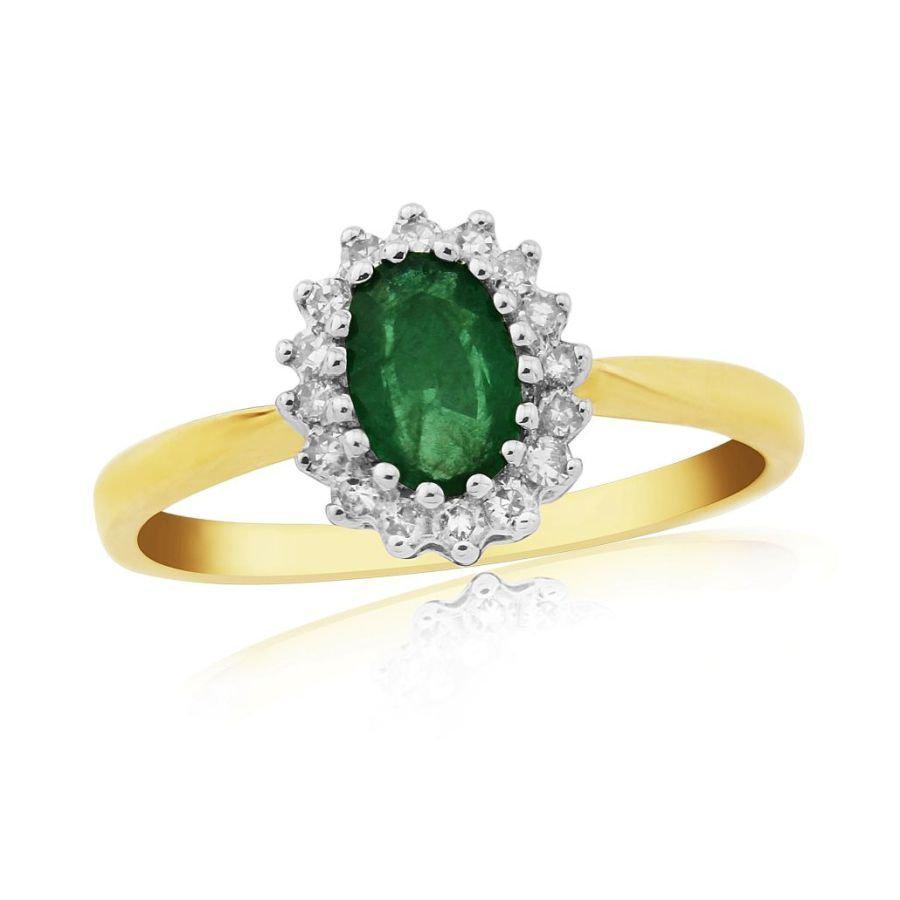 Dipples-9ct Yellow Gold Oval Cut Emerald & Diamond Cluster Ring-Dipples Jewellers