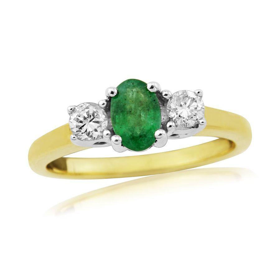 Dipples-9ct Yellow Gold Oval Cut Emerald & Round Brilliant Cut Diamond Trilogy Ring-Dipples Jewellers