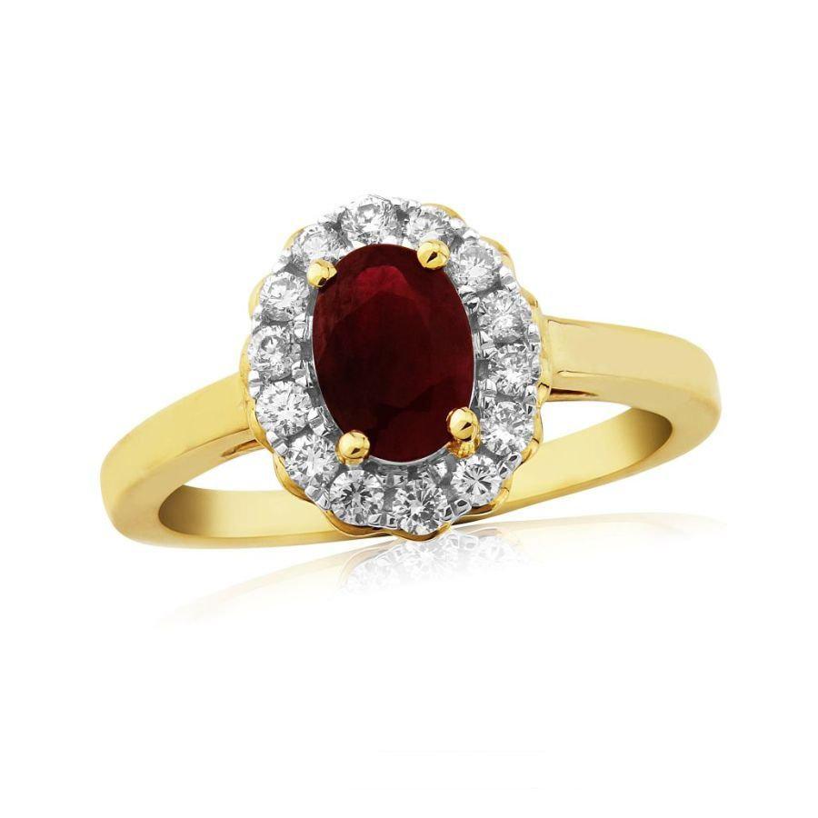 Dipples-9ct Yellow Gold Oval Cut Ruby & Diamond Halo Cluster Ring-Dipples Jewellers