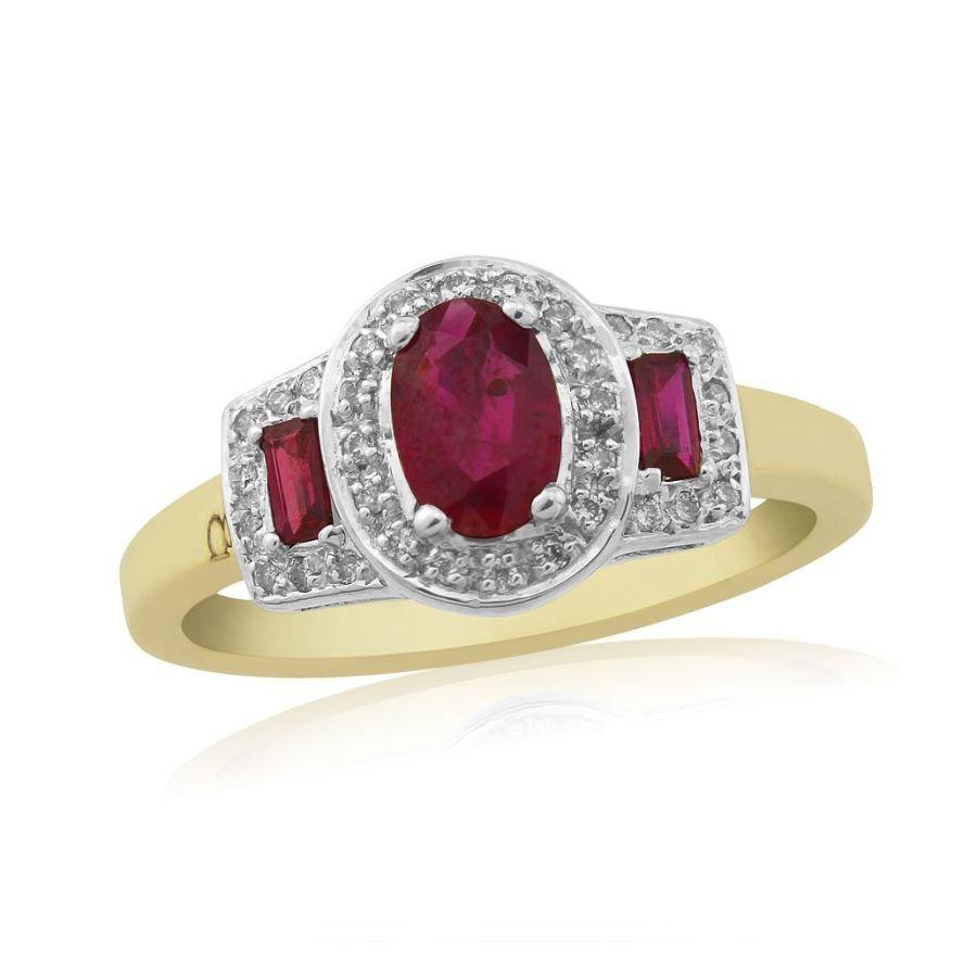 Dipples-9ct Yellow Gold Oval & Rectangular Cut Ruby & Diamond Triple Cluster Ring-Dipples Jewellers