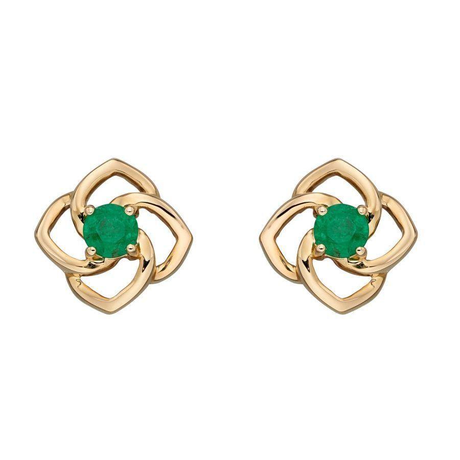 Dipples-9ct Yellow Gold Round Cut Emerald Flower Stud Earrings-Dipples Jewellers
