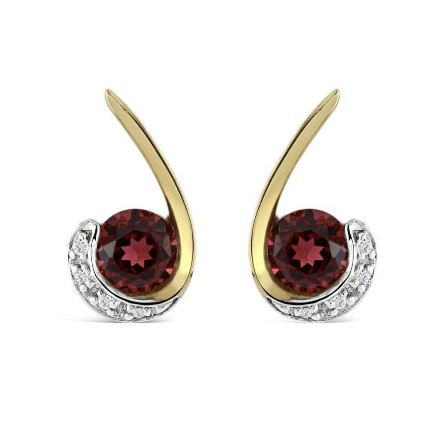 Dipples-9ct Yellow Gold Round Cut Garnet & Diamond Swirl Stud Earrings-Dipples Jewellers