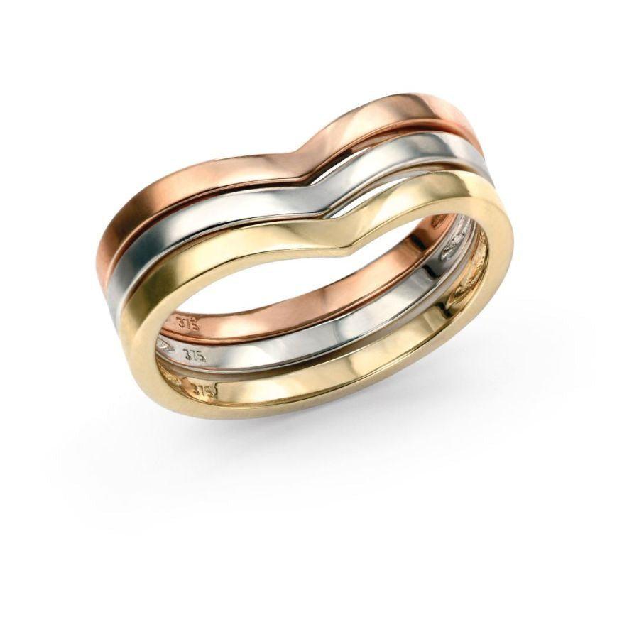 Dipples-9ct Yellow, White & Rose Gold Wishbone Shaped Trilogy Ring-Dipples Jewellers