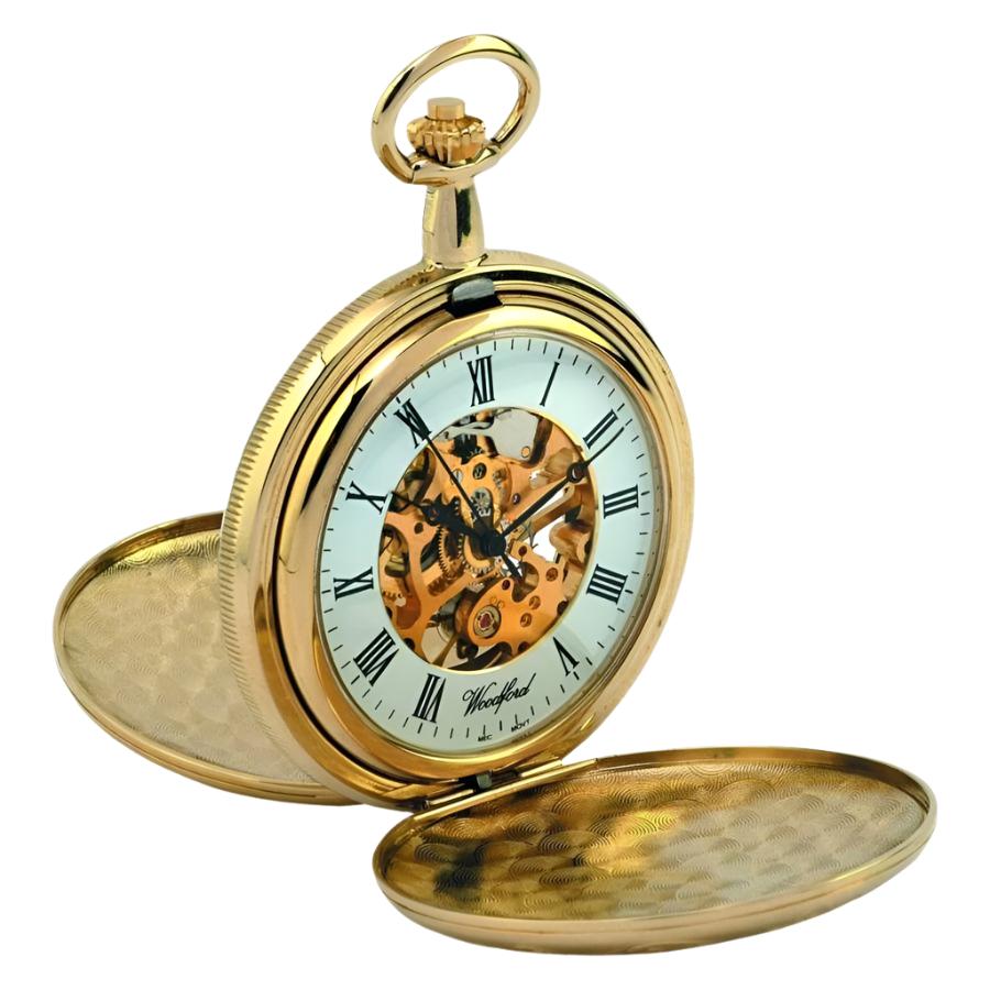Dipples-Gold Plated Skeleton Dial Double Hunter Mechanical Pocket Watch-Dipples Jewellers