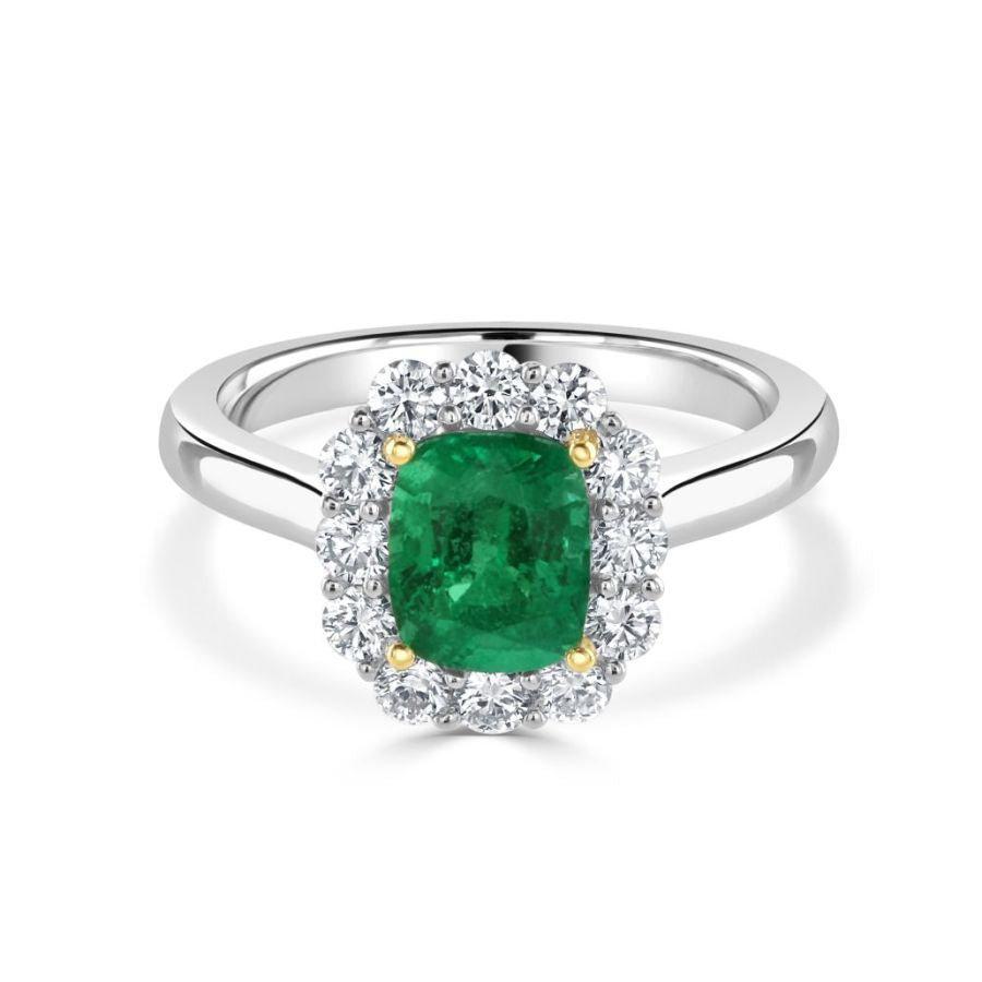 Dipples-Platinum & 18ct Yellow Gold Cushion Cut Emerald & Diamond Halo Cluster Ring-Dipples Jewellers
