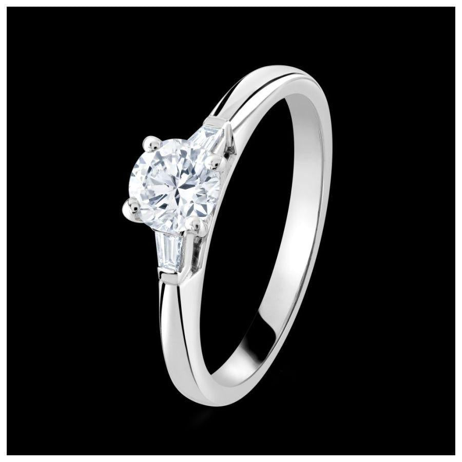 Dipples-Platinum 4-claw set round brilliant cut Diamond solitaire ring with two tapered Diamonds-Dipples Jewellers