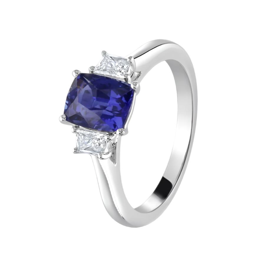 Dipples-Platinum Cushion Cut Sapphire & Trapezoid Cut Diamond Trilogy Ring-Dipples Jewellers