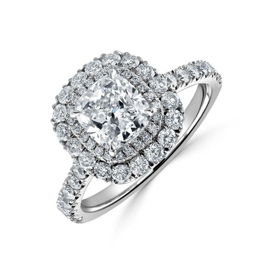 Dipples-Platinum Cushion Shaped Diamond Double Halo Cluster Ring with Diamond Shoulders-Dipples Jewellers